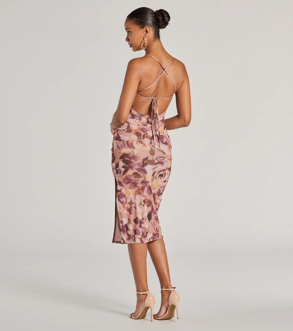 Energy floral print lace-up slit bodycon midi dress Natural