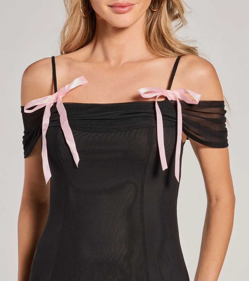 Treasured Poise Off The Shoulder A-Line Mini Dress With Bow Black