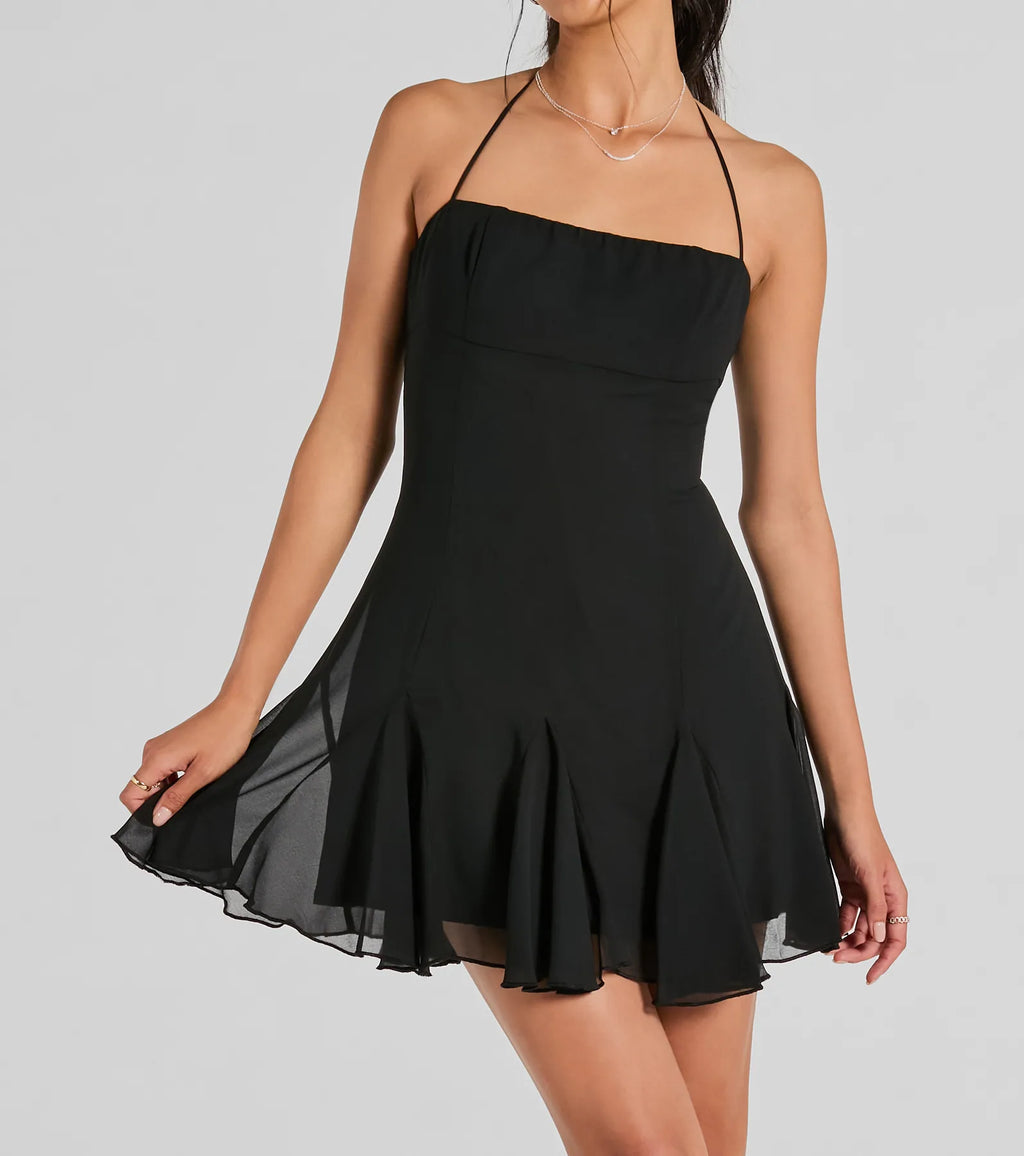 Sincerely Chic pleated silk-chiffon A-line mini dress Black Black-3