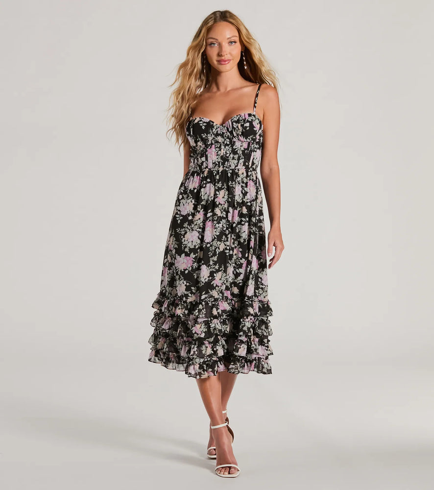 Windsor Elevated Occasion Sweetheart Floral A-Line Midi Dress in Black
