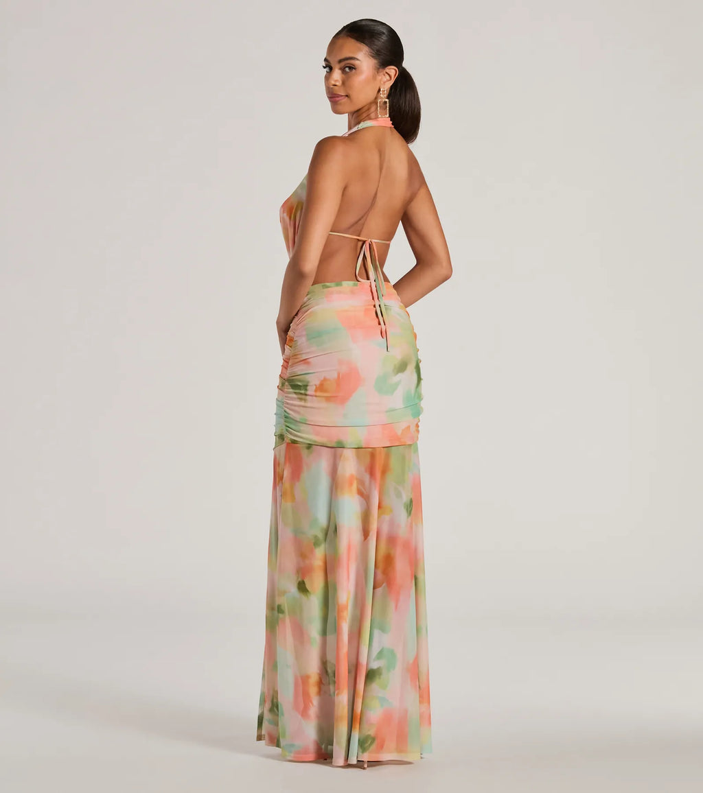Bohemain Charm Halter Open Back Tie Dye Maxi Dress Natural