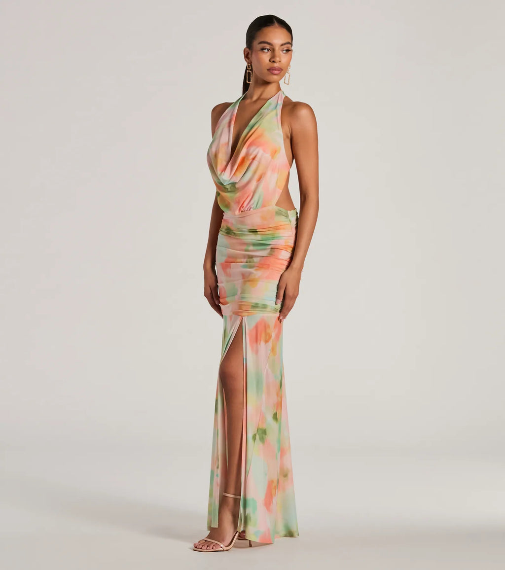 Bohemain Charm Halter Open Back Tie Dye Maxi Dress Natural