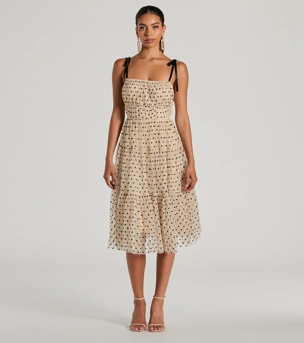 Midi dress in polka dot tulle and bow straps with a timeless look Natural