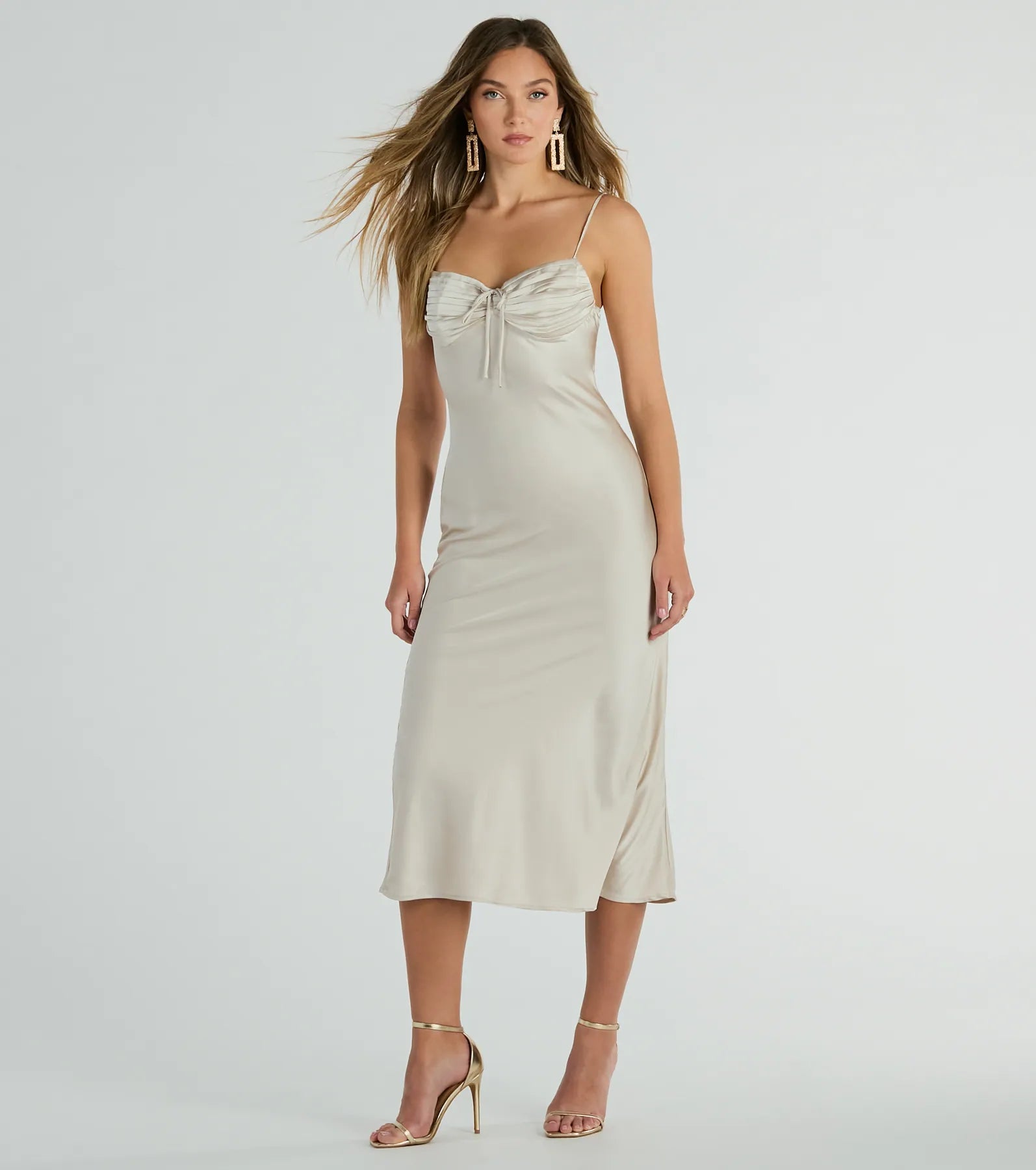 Cocktail Spaghetti Strap Pleated Open-Back Satin Sweetheart Midi Dress With a Bow(s)