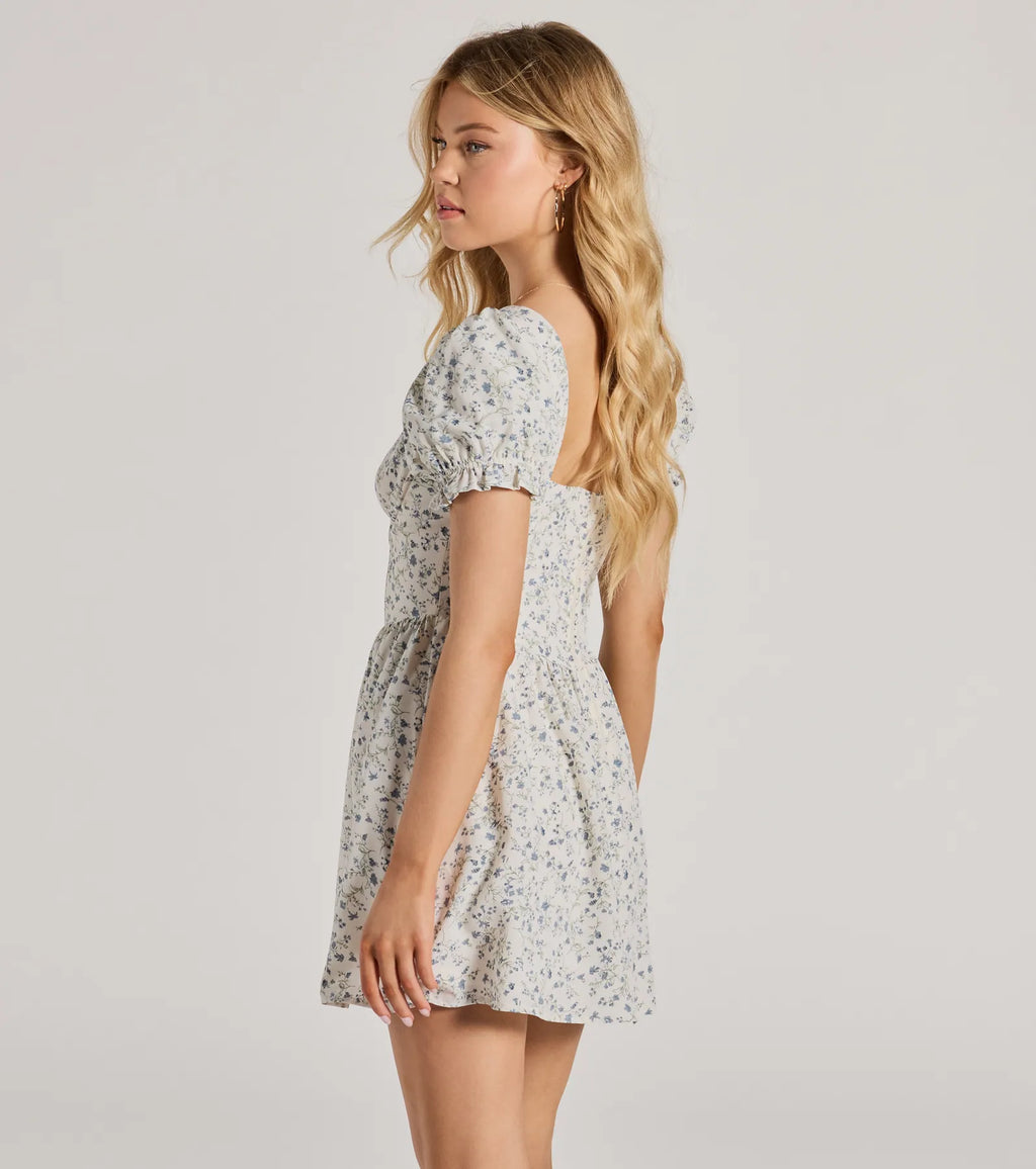 Darling Babe floral woven skater dress with puff sleeves Natural
