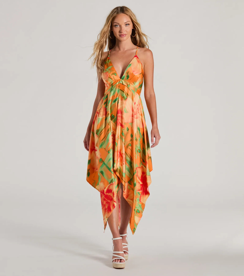 Paradise Bound Tropical Floral Satin Midi Dress Orange