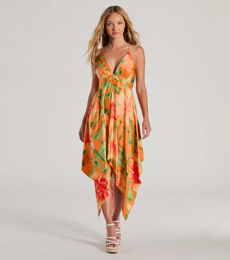 Paradise Bound Tropical Floral Satin Midi Dress Orange