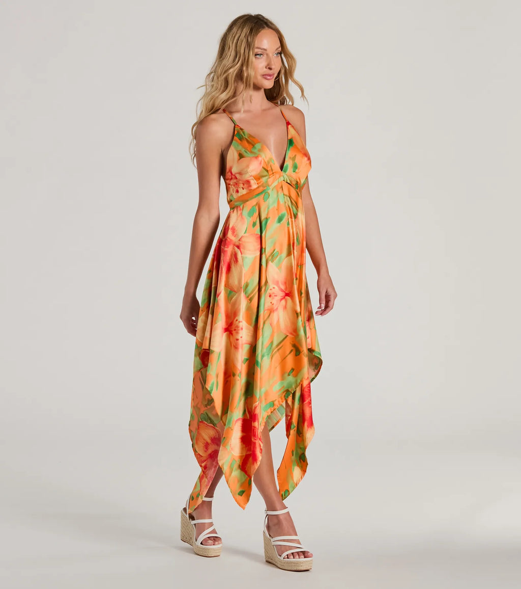 Paradise Bound Tropical Floral Satin Midi Dress Orange