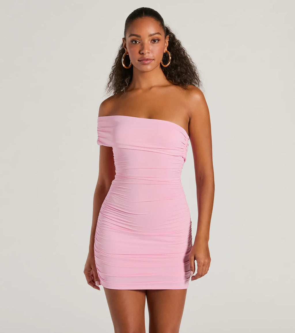 Stunning One Shoulder Bodycon Mini Dress Pink