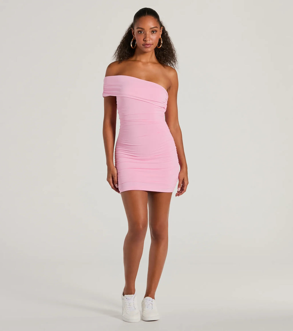 Stunning One Shoulder Bodycon Mini Dress Pink