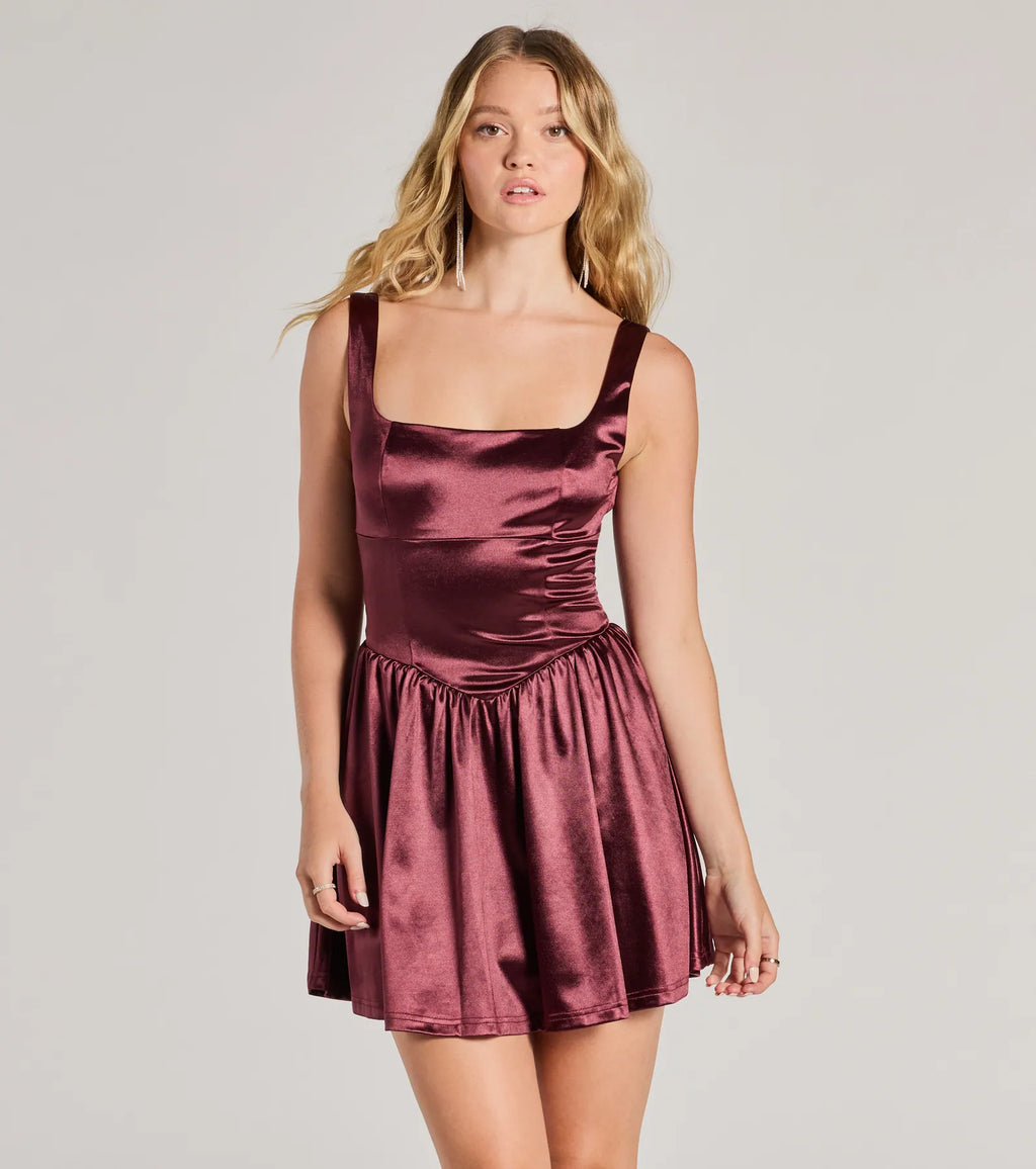 Sleeveless satin skater dress captivating charm tied at the back Raisin Navy