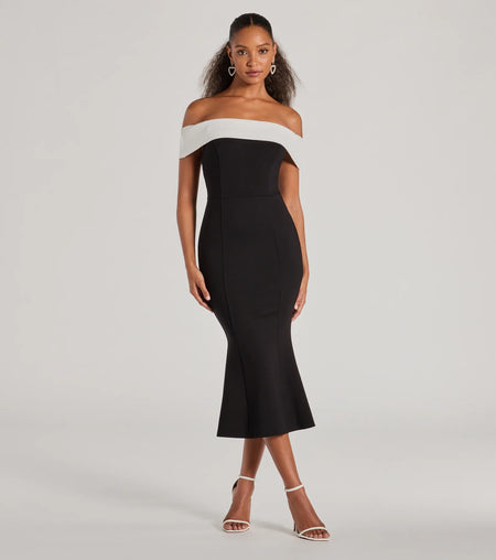 Seductive and sensual off-shoulder mermaid midi dress Black