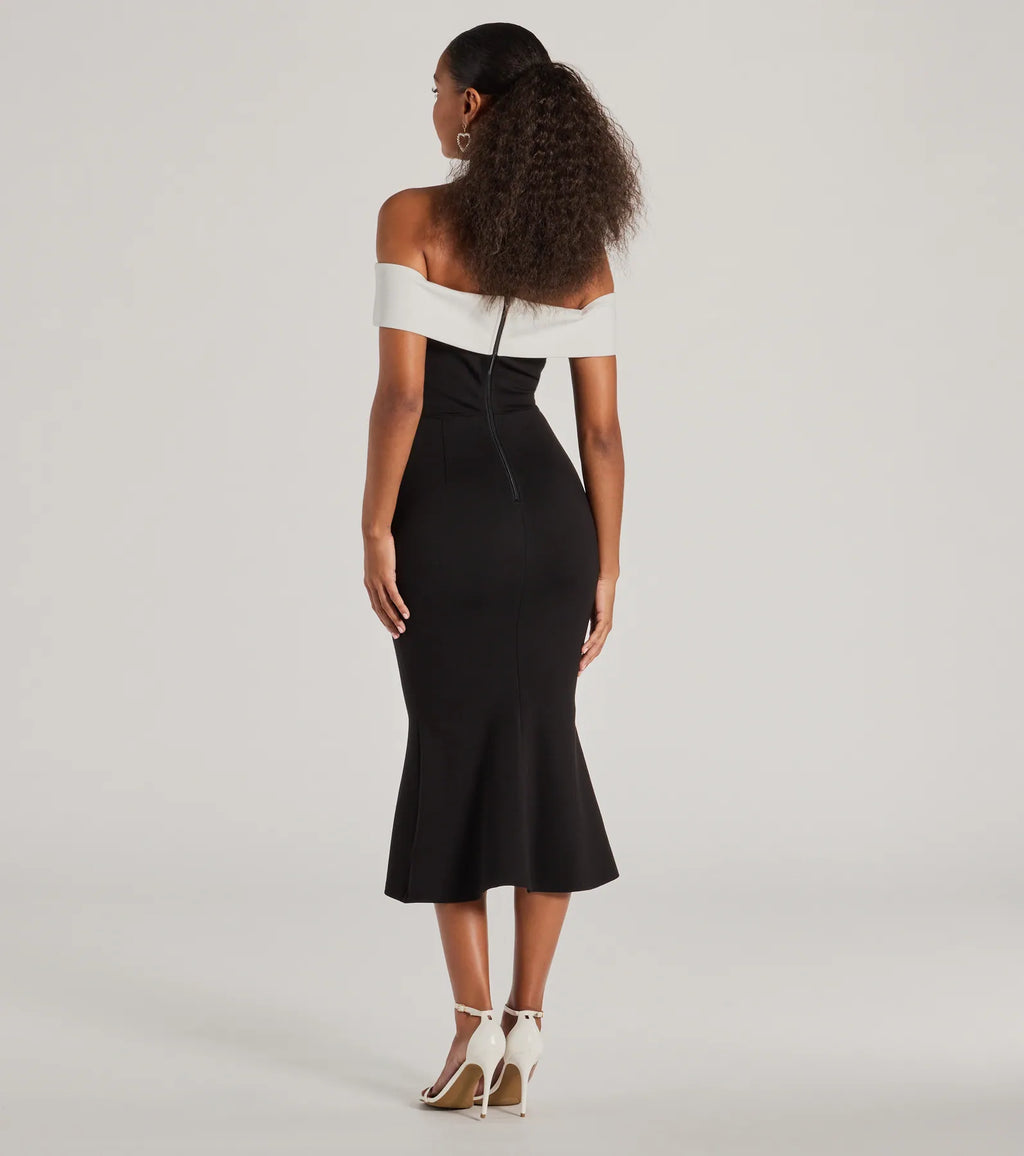 Seductive and sensual off-shoulder mermaid midi dress Black