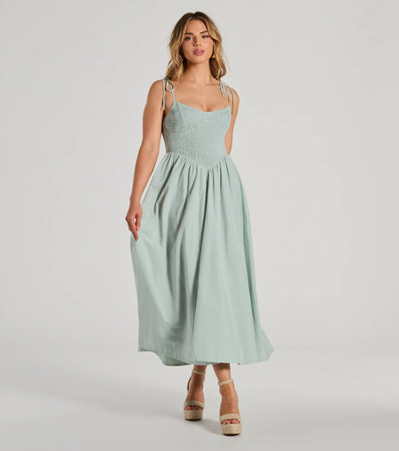 Picture Perfect V-Neck Smocked A-Line Midi Dress Mint Peach