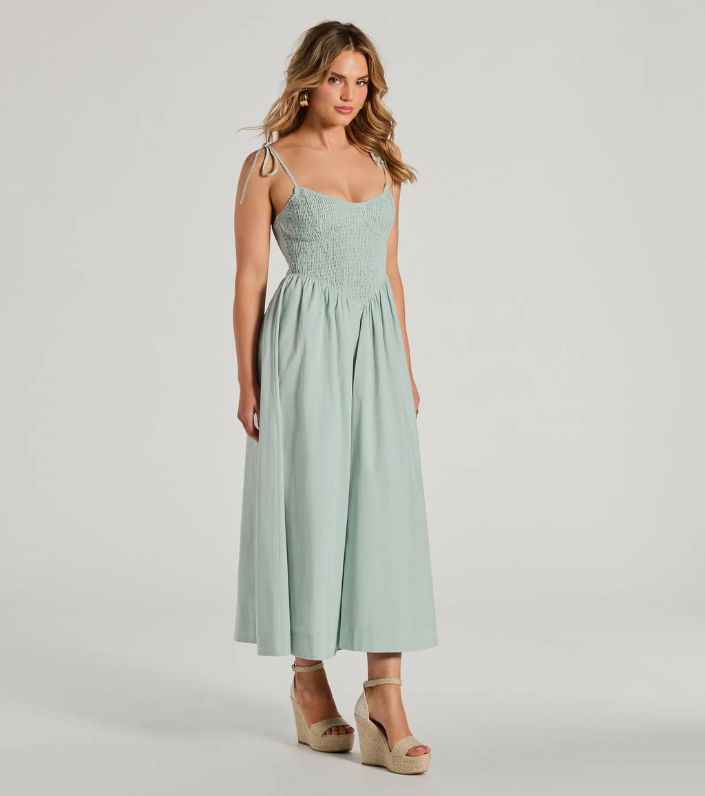 Picture Perfect V-Neck Smocked A-Line Midi Dress Mint Peach
