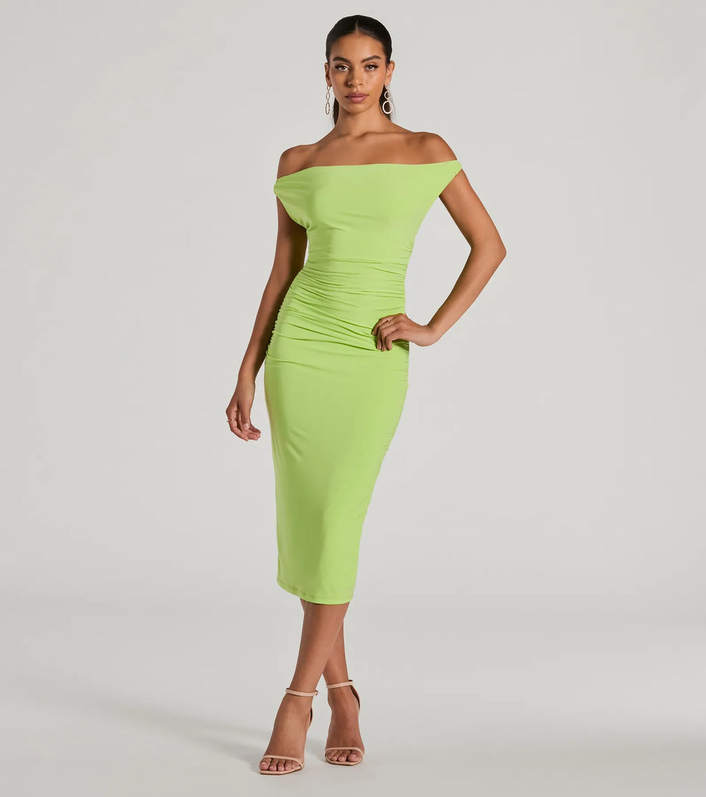 Tricks Of The Trade Convertible Bodycon Midi Dress Neon Yellow