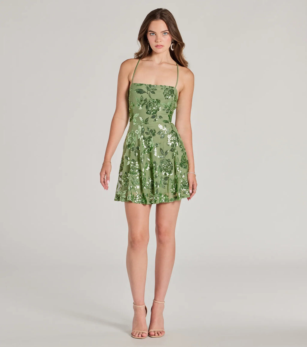Sparkling Beauty Floral Sequin Lace-Up Skater Dress Sage
