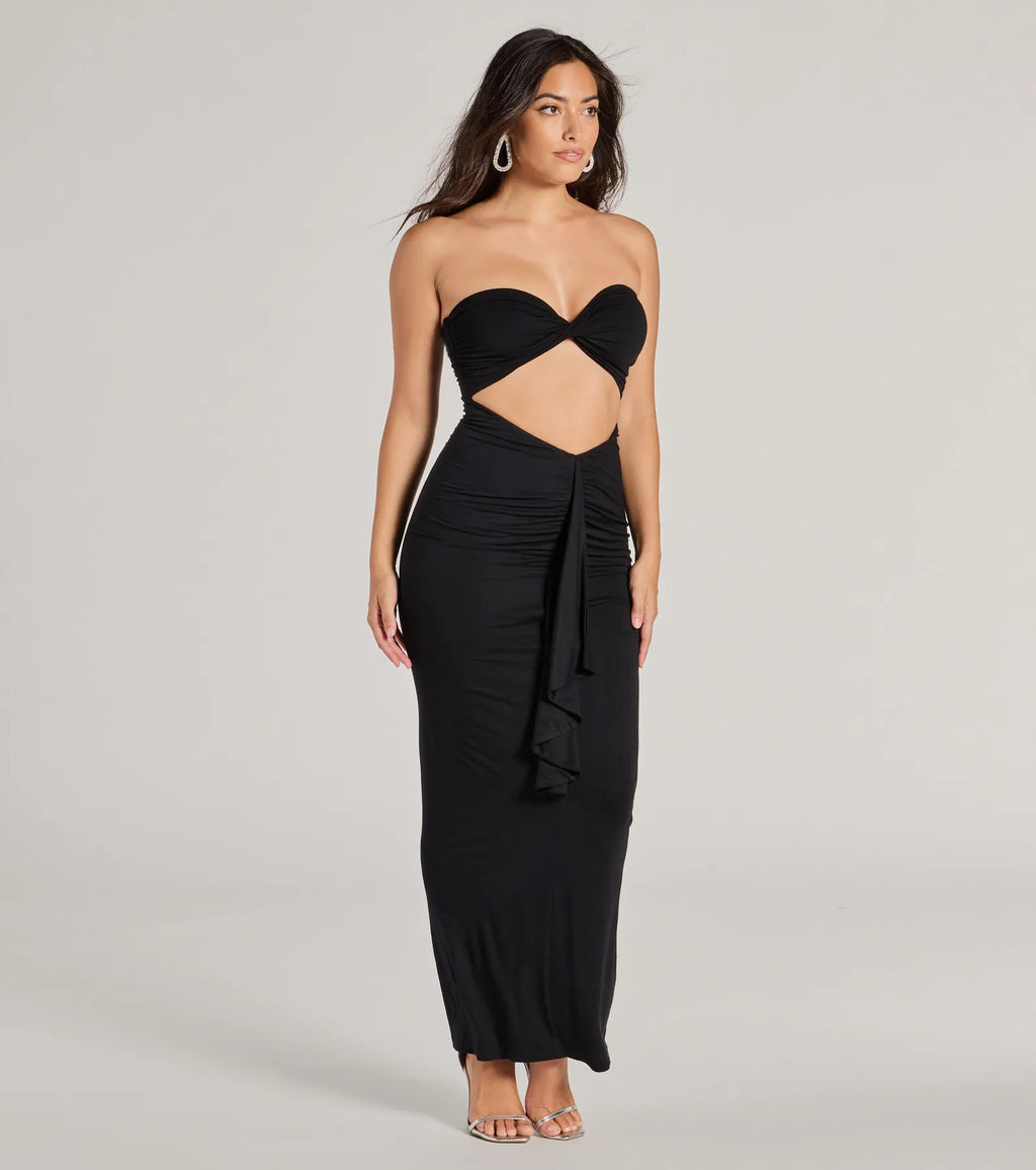 Perfect Always Strapless Ruffle Cutout Maxi Dress Black