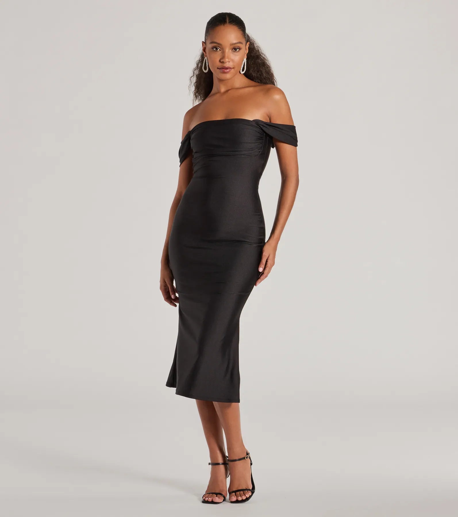 Exceptional Off-The-Shoulder Flared Midi Dress in Black-2