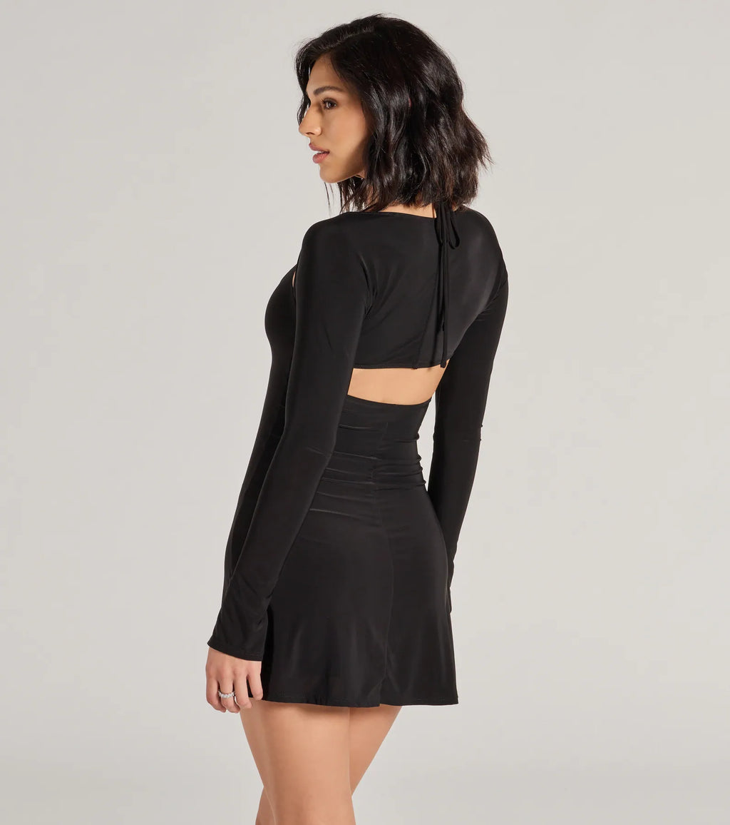 Serving Chic Long Bell Sleeve A-Line Dress Black