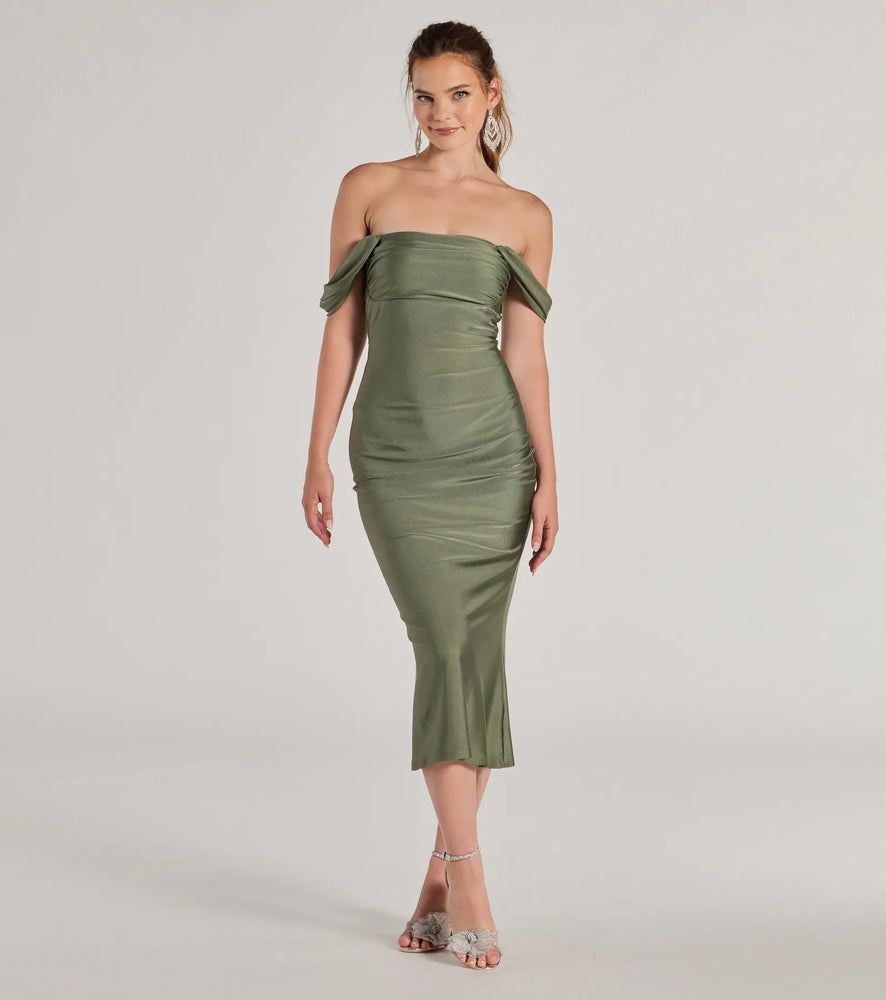 Windsor Exceptional Off-The-Shoulder Flared Midi Dress in Sage