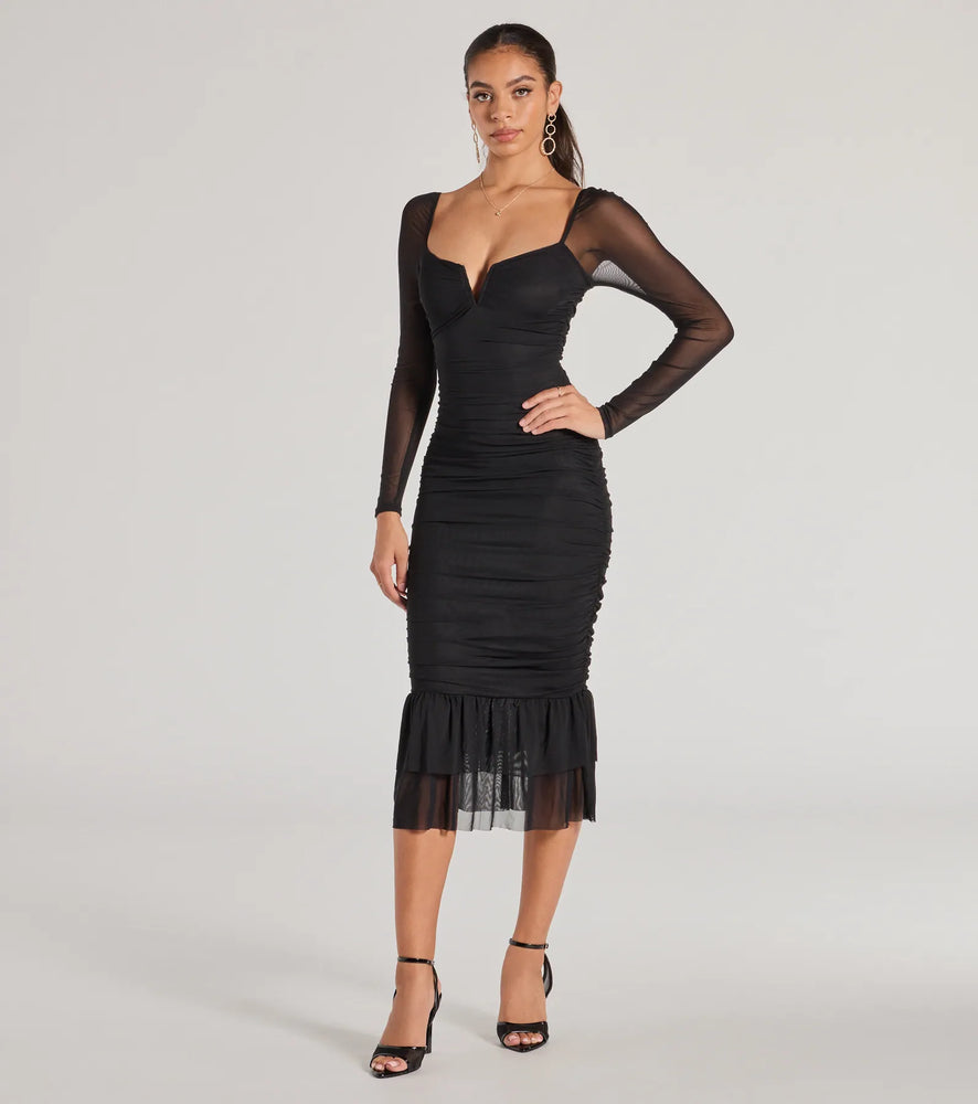 Elegant Ruched And Ruffled Mesh Midi Dress in Black