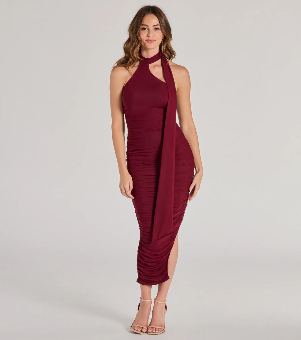 Total Allure Side Slit High Neck Midi Dress Wine