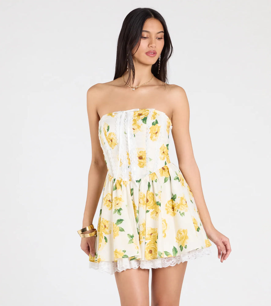 Idea Of Bliss Corset Lace-Up Floral Skater Dress in White