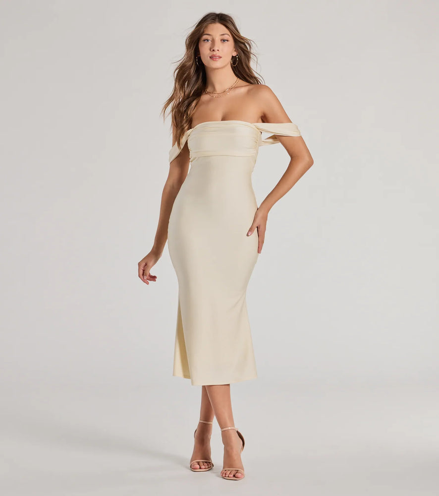 Exceptional Off-The-Shoulder Flared Midi Dress in Natural