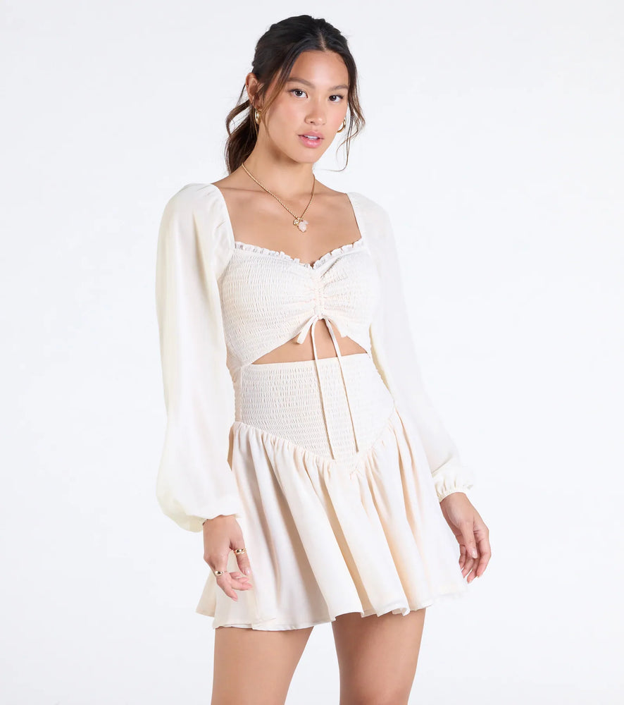 Perfect View Smocked Cutout Skater Dress in Ivory