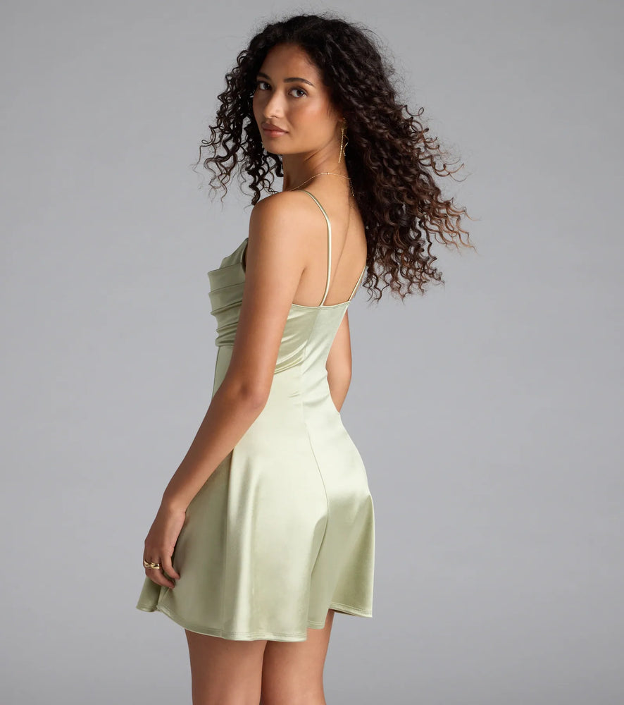 True Perfection Pleated Satin Skater Dress in Sage