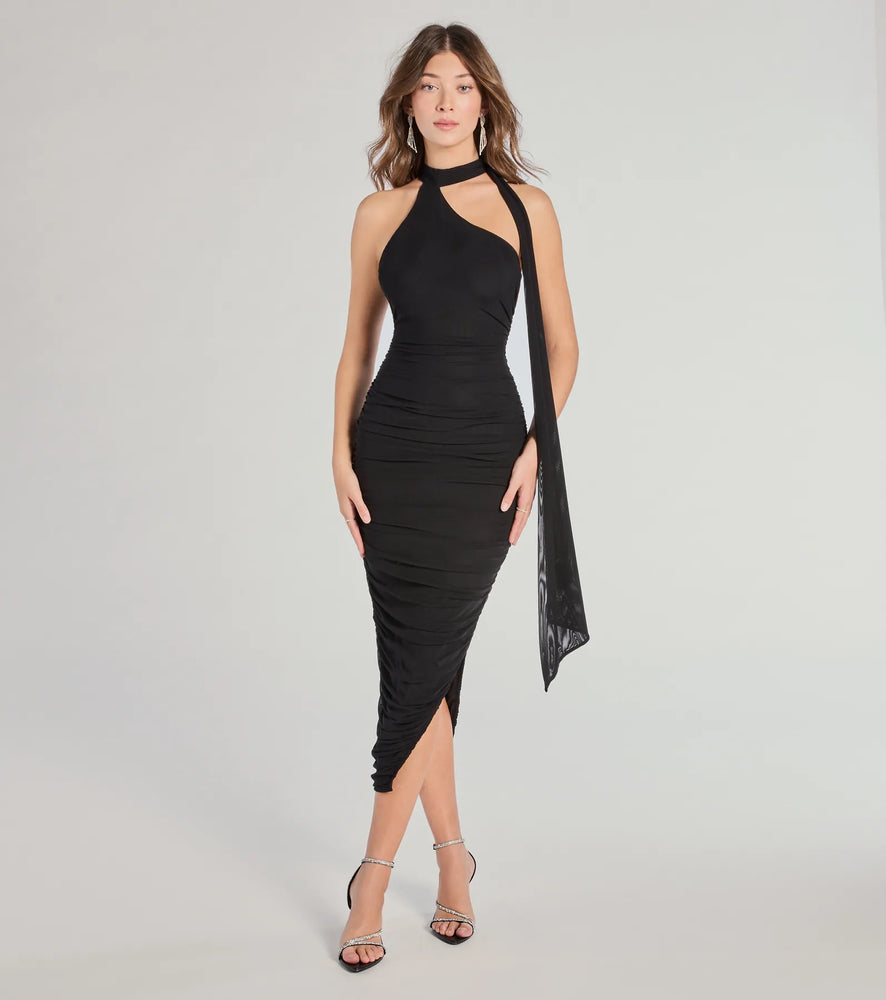 Total Allure Mock Neck Side Slit Midi Dress in Black