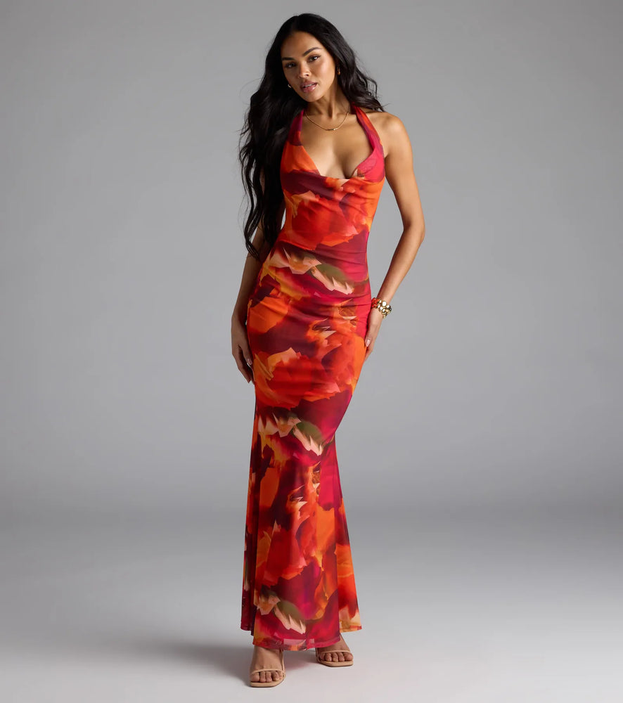 Island Style Tropical Halter Mesh Maxi Dress in Orange