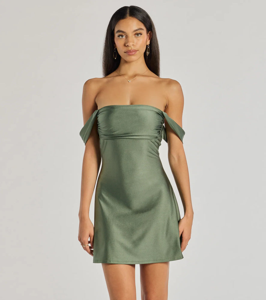Classics Lover Off-The-Shoulder Satin A-Line Mini Dress in Sage