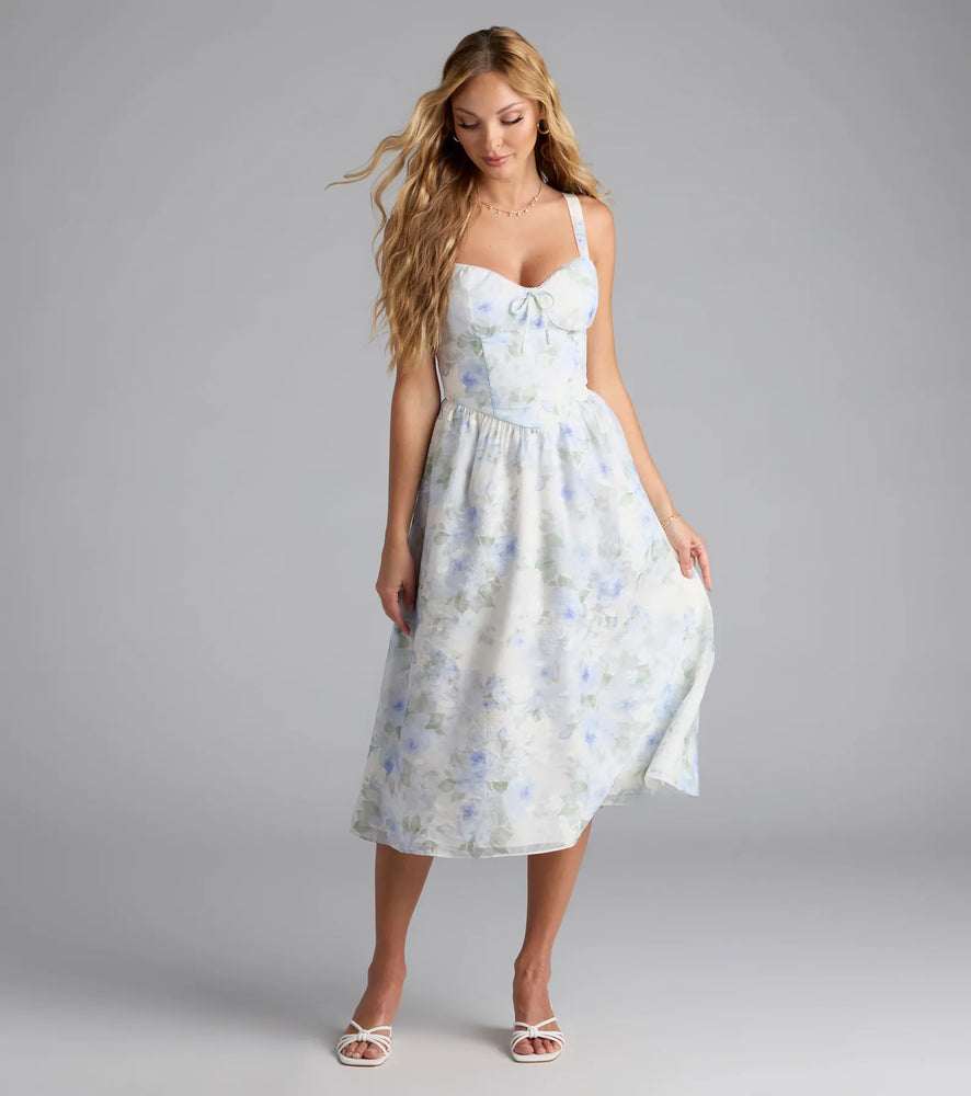Charmed Sweetness Lace-Up Floral Chiffon Midi Dress in Ivory