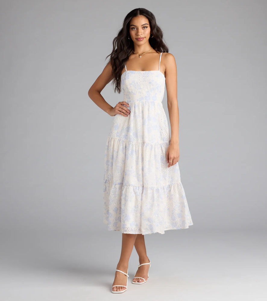 Windsor My Cute Side Tie-Back Floral Eyelet Midi Dress in White