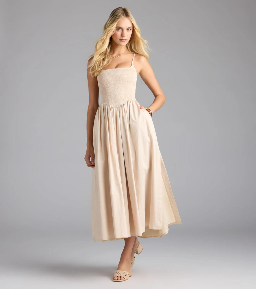 Effortless Era Woven A-Line Midi Dress in Natural