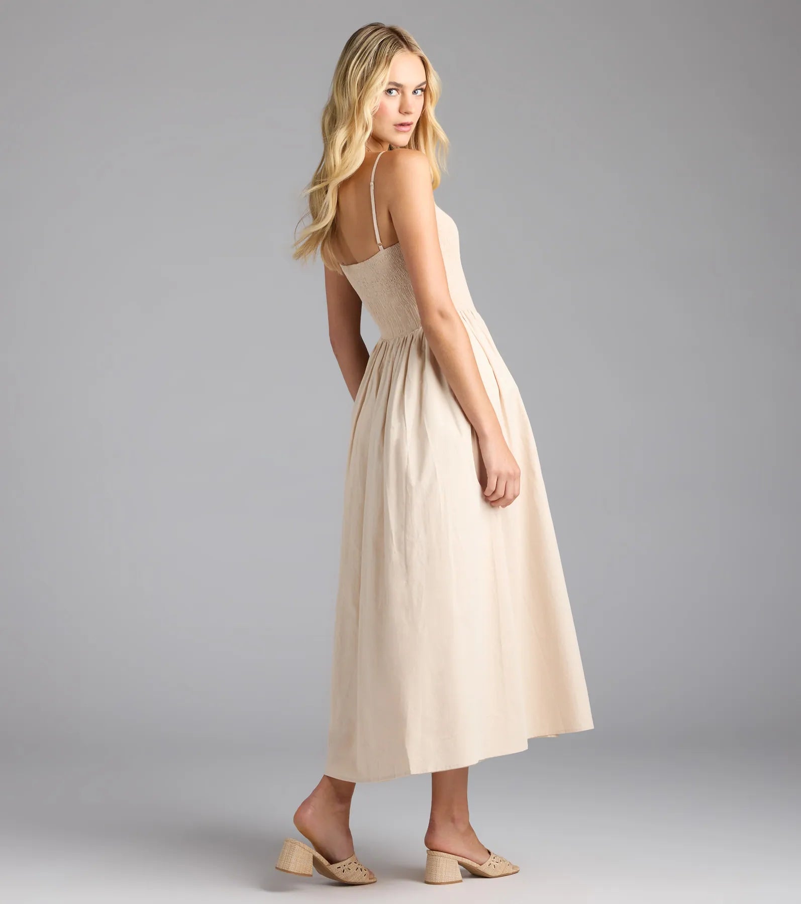 Windsor Effortless Era Woven A-Line Midi Dress in Natural