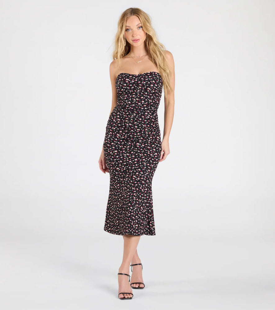 Sweetest Soul Strapless Floral Flare Midi Dress in Black