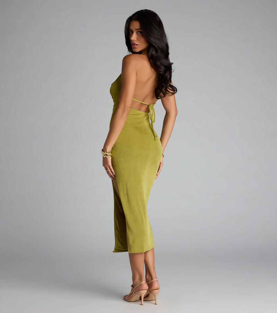Chic Paradise Halter Open Back Slit Midi Dress in Lime Yellow