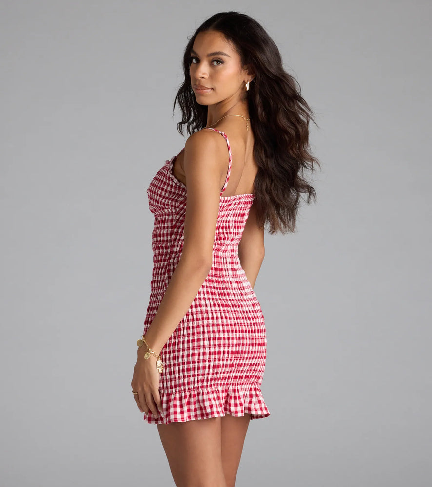 Girly Gingham Print Ruffled Mini Dress in Red