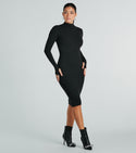 Ribbed Fitted Stretchy Mock Neck Floor Length Knit Long Sleeves Bodycon Dress/Midi Dress