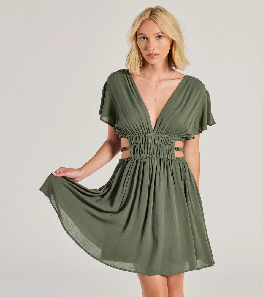 Windsor Spice Things Up V-Neck Cutout Skater Dress in Olive
