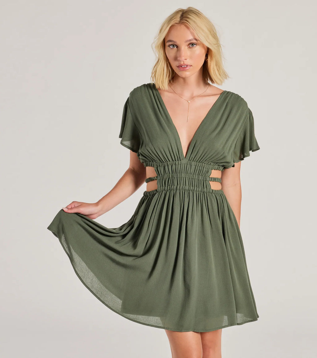 Spice Things Up V Neck Cutout Skater Dress White Olive