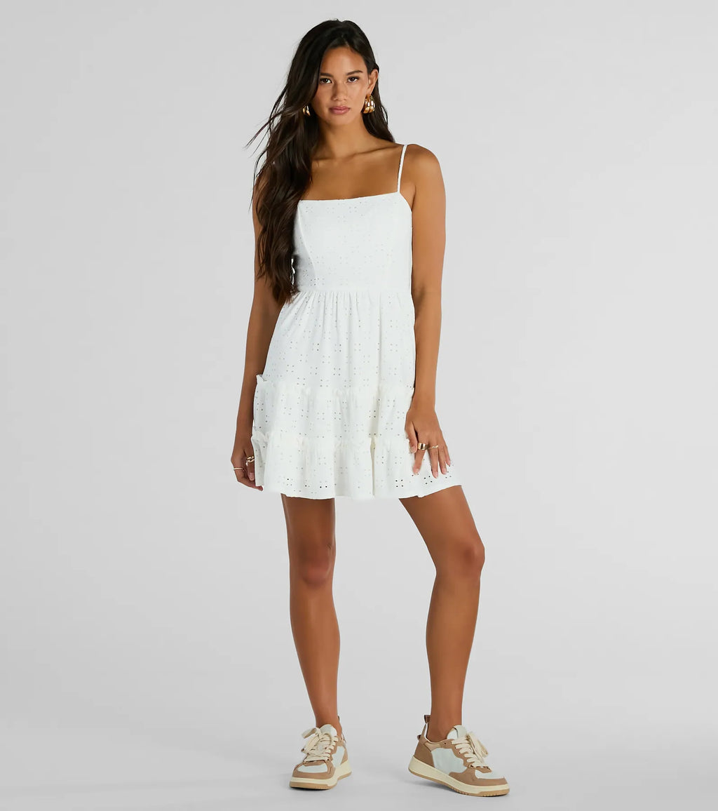 Feeling Amore Eyelet Tie Back Mini A-Line Dress White Sage Black