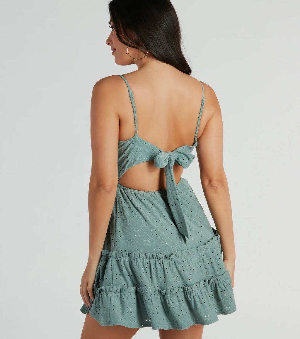 Feeling Amore Eyelet Tie Back Mini A-Line Dress White Sage Black