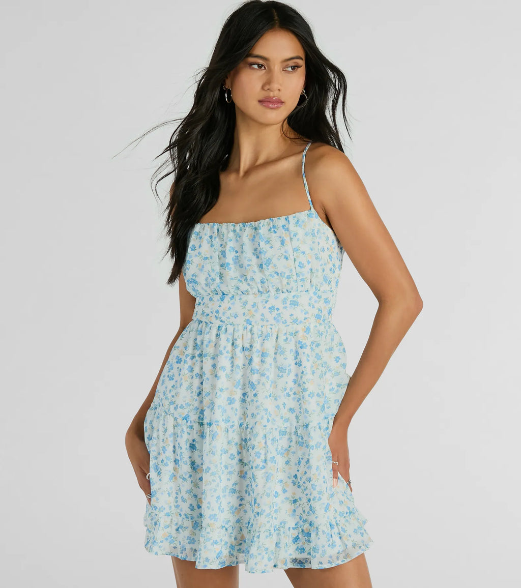 Sweeten Up Floral Chiffon Skater Dress with Strap Back Ivory