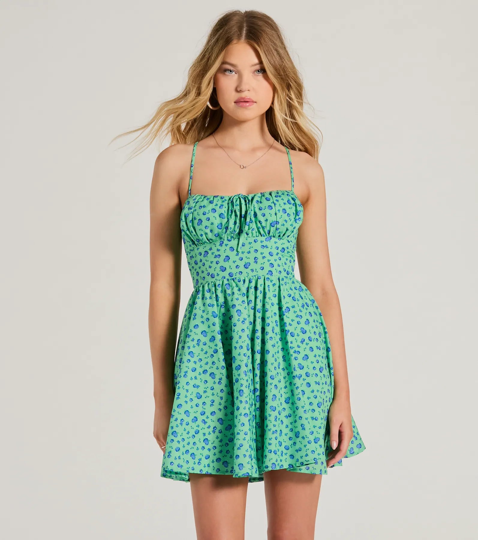 Spaghetti Strap Floral Print Square Neck Lace Lace-Up Skater Dress/Midi Dress With a Bow(s)