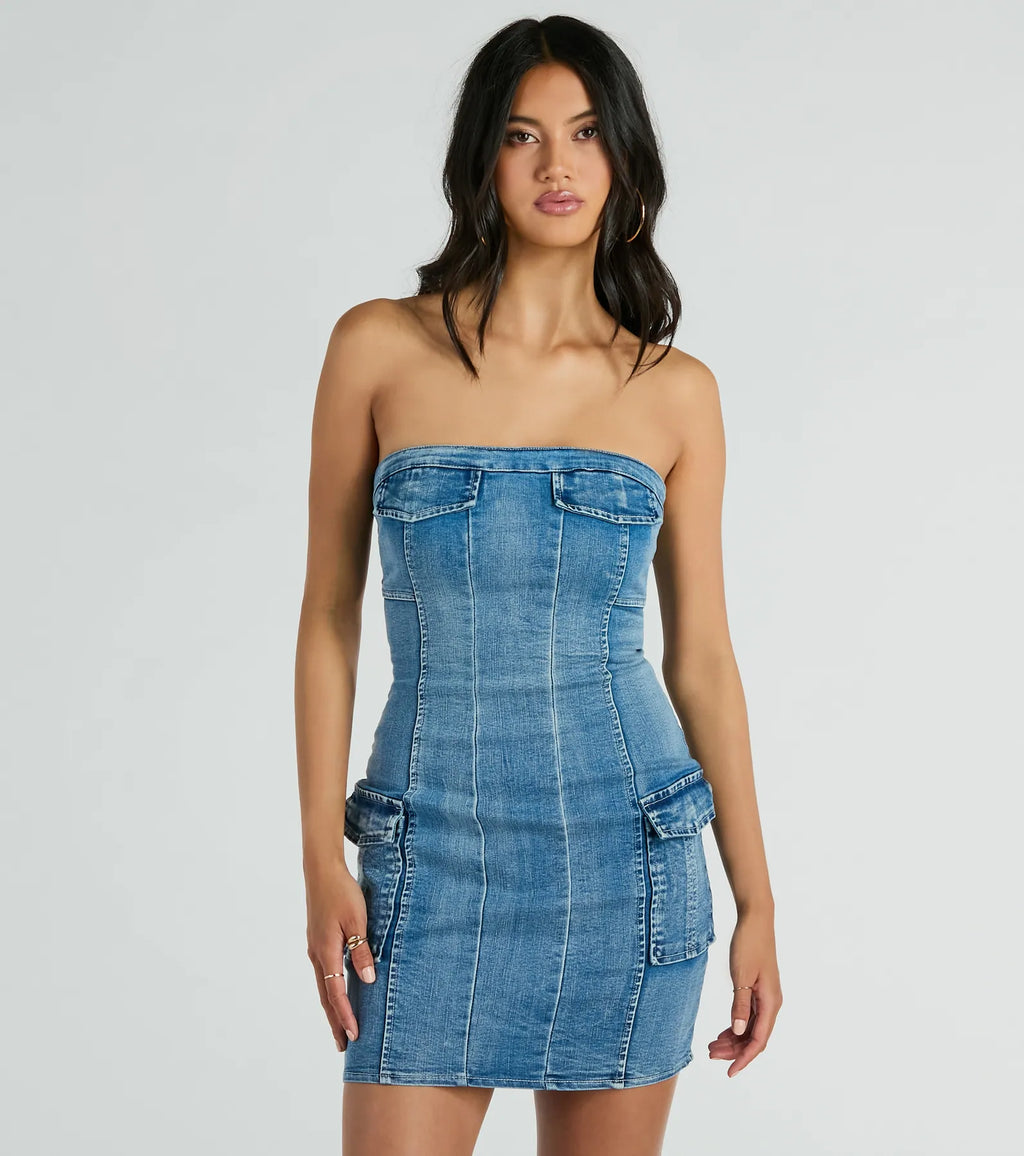Trendy Girl Next Door Strapless Denim Mini Dress Denim