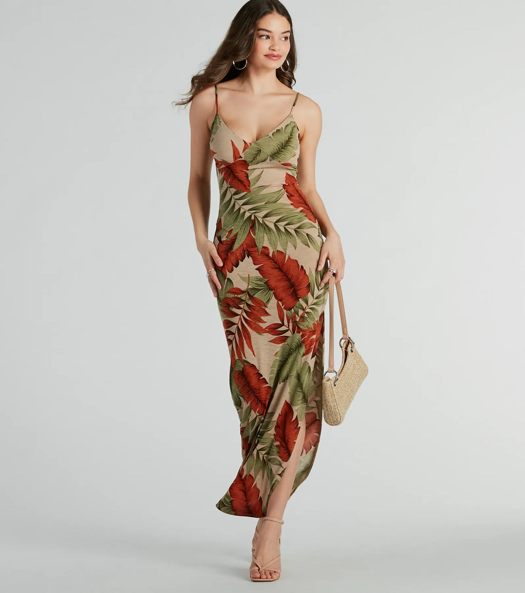 Vacay Vibes High Slit Tropical Knit Maxi Dress Taupe